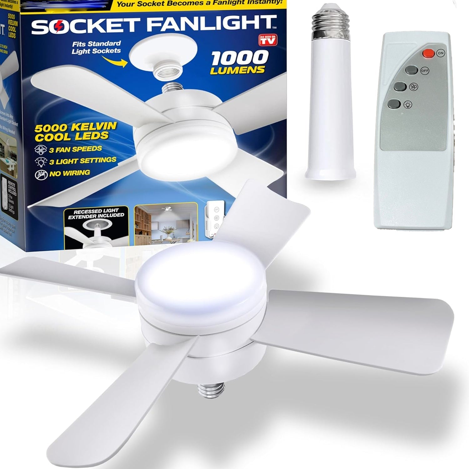 17845 Socket Fan Light Original - Cool Light LED โ Ceiling Fans with Lights and Remote Control, Replacement for Lightbulb - Bedroom, Kitchen, Living Room,1000 Lumens / 5000 Kelvins Cool LEDs (Remote Battery Not Included) 17845 Socket Fan Light Original - Cool Light LED โ Ceiling Fans with Lights and Remote Control, Replacement for Lightbulb - Bedroom, Kitchen, Living Room,1000 Lumens / 5000 Kelvins Cool LEDs (Remote Battery Not Included)